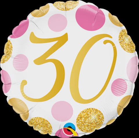 18" ROUND FOIL 30 PINK & GOLD DOTS